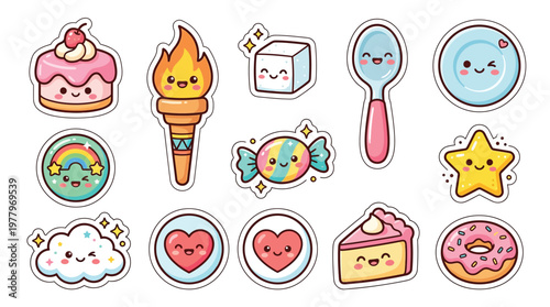 A collection of cute, kawaii-style cartoon illustrations of various sweet treats and happy objects, perfect for stickers or decorations.
