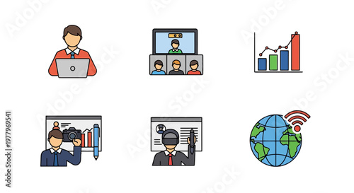 Freelancing and Remote Work Concept Icon Set featuring Video Conference, Data Analysis, Graphic Design, and Global Connectivity in Filled Line Style.