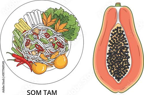 Thai som tam papaya salad and sliced papaya fruit vector illustration featuring traditional spicy salad dish and fresh tropical fruit isolated design