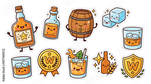 A charming collection of kawaii-style illustrations featuring anthropomorphic whiskey bottles, barrels, glasses, and ice cubes, perfect for stickers or decorative use.