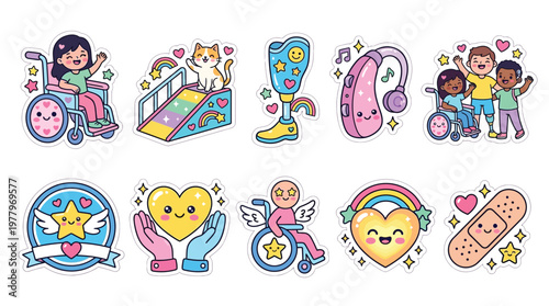 A vibrant collection of cute, Kawaii-style stickers celebrating diversity, inclusion, and disability awareness with cheerful characters and symbols.