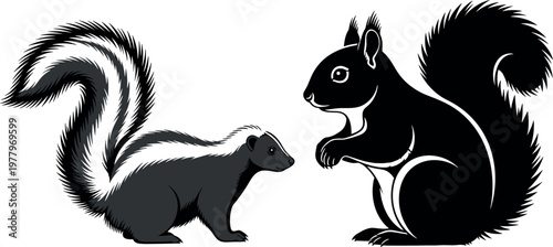 Skunk and squirrel illustration set with realistic and silhouette styles, forest animals detailed vector isolated on background