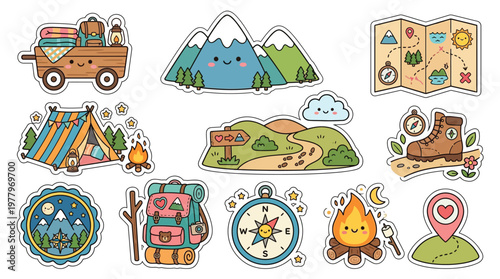 A charming collection of cute cartoon-style stickers depicting various elements of outdoor adventure and camping, including mountains, tents, maps, and campfires.