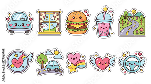 Collection of cute kawaii-style stickers featuring cars, food, hearts, and scenic elements.