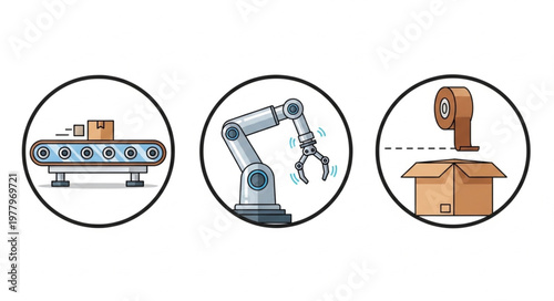 Industrial automation icons showing conveyor belt robot arm and packaging.