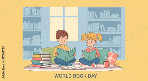 Two children reading books together in a cozy library setting