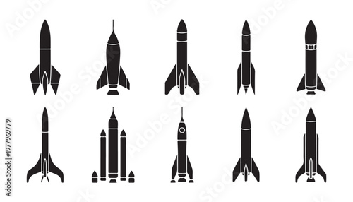 Collection of different rocket and space shuttle icons for technology and science.