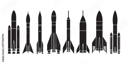 Set of space rocket silhouettes for aerospace technology projects and scientific research.