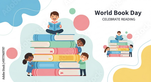 Young boy sitting on a stack of books reading for book day