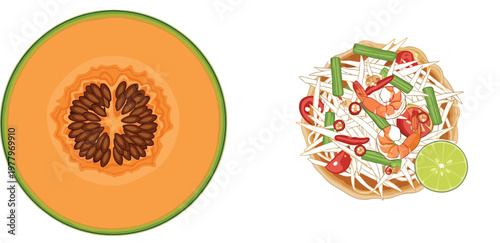 Papaya fruit slice and Thai papaya salad vector illustration featuring fresh tropical fruit cross section and spicy Asian food dish isolated design