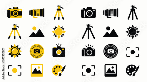 Collection of yellow and black icons representing photography equipment, camera lenses, tripods, and artistic elements like paint palettes.