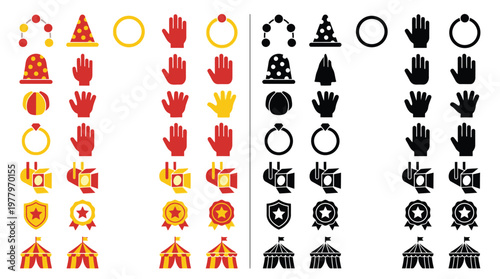 Collection of colorful and black and white circus-themed icons, including tents, spotlights, rings, and hands, presented in a grid format for visual comparison.
