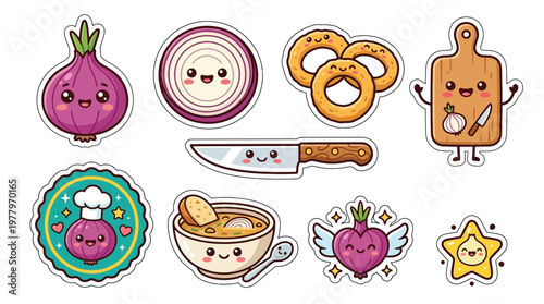 A collection of cute, kawaii-style cartoon illustrations featuring anthropomorphic onions and related food items, perfect for stickers or digital art.