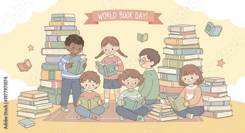 Children gather around book stacks reading books on world book day