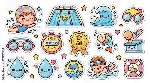 A collection of cute, kawaii-style cartoon illustrations depicting various aspects of swimming and aquatic activities.