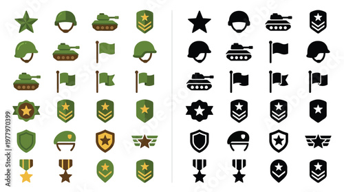 Collection of military-themed icons in both color and silhouette, featuring tanks, helmets, flags, badges, and medals.