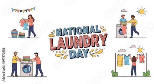 Celebrating National Laundry Day with various home laundry activities, a woman folding clothes, a man operating a washing machine, and freshly washed clothes hanging on a clothesline