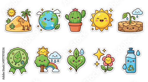Collection of cute cartoon illustrations representing environmental themes, including a smiling Earth, a thirsty plant, and a camel in a desert.