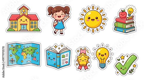 A collection of cute cartoon stickers depicting school-related items and concepts, including a school building, a student, a sun, books, a map, a medal, a lightbulb, and a checkmark.