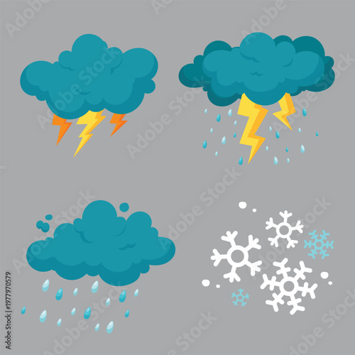 Four different types of weather phenomena depicted with clouds and precipitation