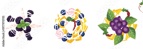 Berry dessert waffle and fruit topping collection vector illustration featuring blueberries, strawberries, blackberries and sweet pastry compositions isolated design set