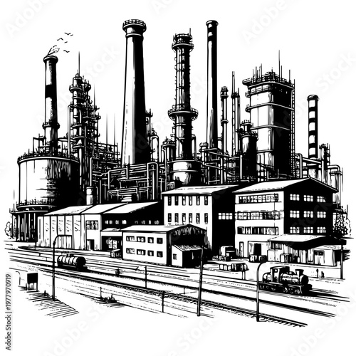 Detailed ink drawing of petrochemical complex with chimneys tanks and railroad for energy and manufacturing content