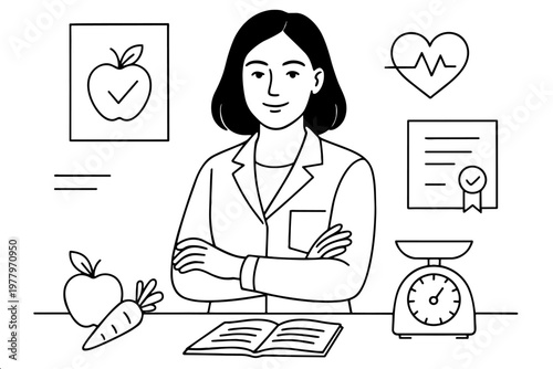 Line illustration of dietitian professional with apple heart and certificate for healthcare marketing