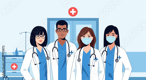 Medical professionals, doctors, nurses, hospital staff, blue scrubs, white coats, masks, healthcare workers, medical team