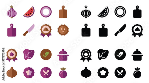 Collection of colorful and monochrome icons representing various food items, kitchen tools, and culinary symbols, suitable for digital design and applications.