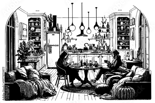 Detailed hand-drawn scene of couple dining in warm home kitchen with pendant lights and shelves for domestic lifestyle content