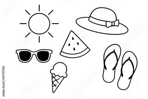 Simple hand-drawn collection of summer symbols including sun, hat, sunglasses, ice cream and flip flops for seasonal marketing