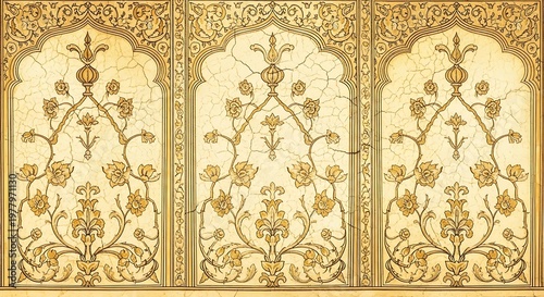 Ornate carved architectural panel with repeating floral motifs architectural repeating traditional decoration.