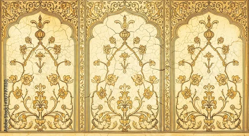 Obraz Ornate carved architectural panel with repeating floral motifs architectural repeating traditional decoration.