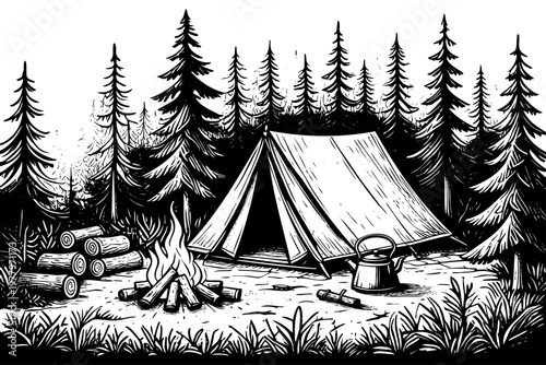 Detailed hand-drawn wilderness campsite with tent, bonfire, kettle and pine trees for outdoor adventure content