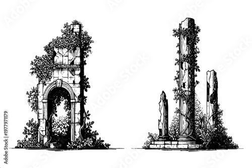 Atmospheric hand-drawn overgrown stone architecture with arches and pillars for historical and fantasy content