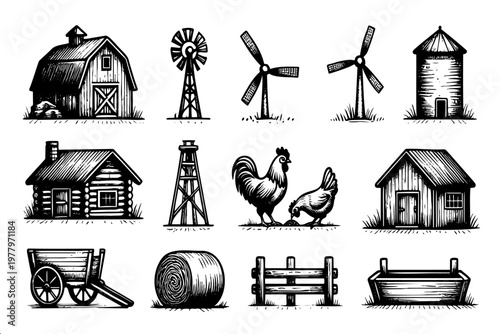 Hand-drawn set of rural agriculture symbols including barn, windmills, chickens and hay bales for farming content