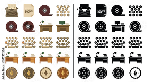 Collection of vintage and modern office supplies and equipment icons, presented in both color and silhouette styles.