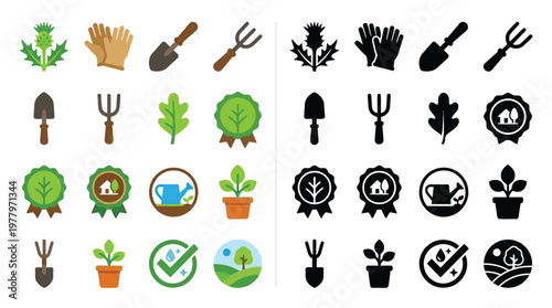Bild auf Leinwand Collection of gardening and nature-related icons presented in both color and monochrome versions, featuring tools, plants, and environmental symbols