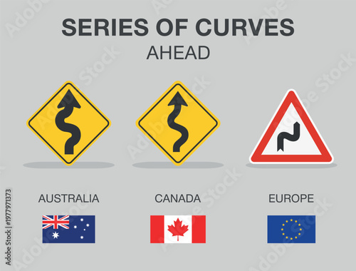 Traffic regulation rules and tips. Road sign types. "Series of curves ahead" traffic sign in different countries. Flat vector illustration template.