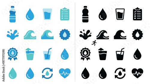 Collection of water-related icons in two color schemes, featuring bottles, drops, waves, glasses, and health symbols.