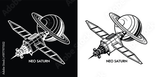 Illustrative graphic design featuring a futuristic space satellite orbiting the massive gas giant planet known as the ringed Saturn