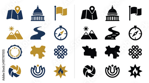Collection of 16 diverse icons representing travel, geography, and abstract concepts, presented in both blue and gold, and black and white color schemes.