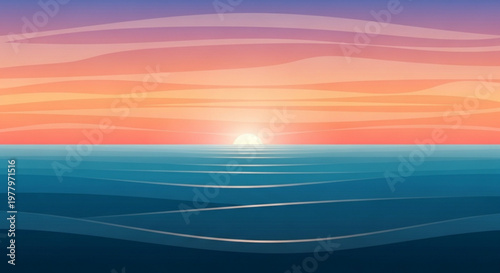 A serene vector graphic illustration of a sunset over calm ocean waters with vibrant colors
