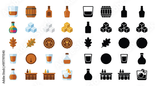 Collection of Icons Representing Whiskey and Bar Elements, Featuring Bottles, Glasses, Barrels, Ice Cubes, and Bar Counter Scenes.