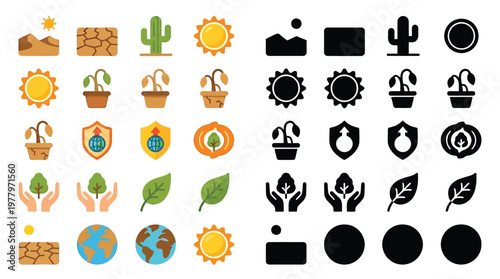 Collection of environmental icons illustrating drought, plant care, and ecological protection with both colored and monochrome versions.