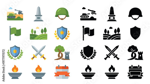 Collection of military and patriotic icons, including tanks, helmets, flags, monuments, and torches, presented in both color and silhouette styles.