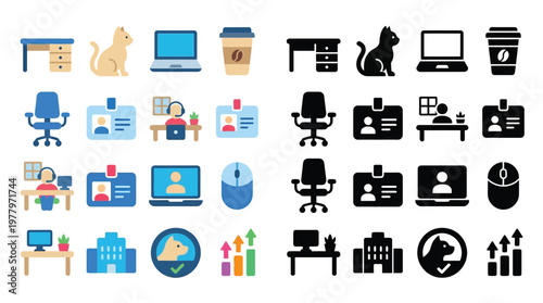 Collection of colorful and monochrome icons representing office work, remote work, and business-related elements, including desks, laptops, and people.