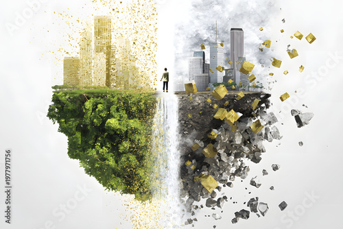 Sustainable Future vs Environmental Destruction Concept with City and Forest