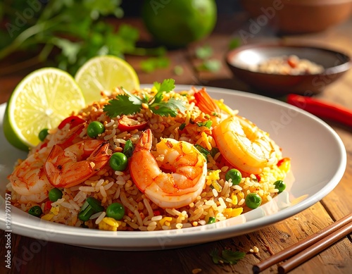 A plate of shrimp fried rice garnished with herbs and lime