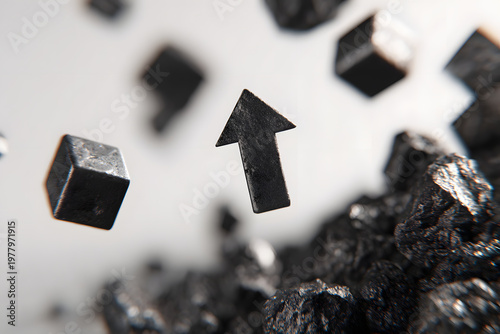 Floating black crystal cubes and mineral close-up, advanced material and rare resource concept